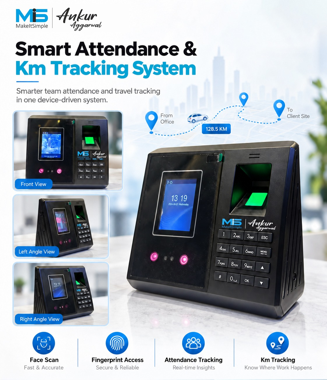 MIS Attendance Machine — face and fingerprint terminal — front, left and right view
